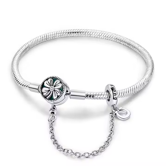 MULA Classic Style Silver Plated Four-Leaf Clover Safety Chain Snake Chain Bracelet with Zircon for Engagement Anniversary Party Gift